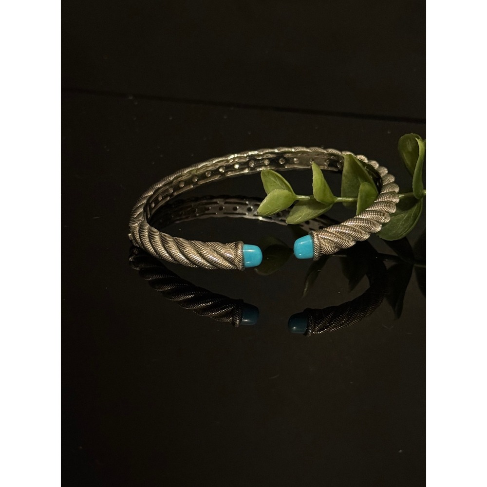 Judith Ripka 925 Sterling Silver Turquoise Twisted Cable Cuff Bracelet Bangle - Picture 9 of 11